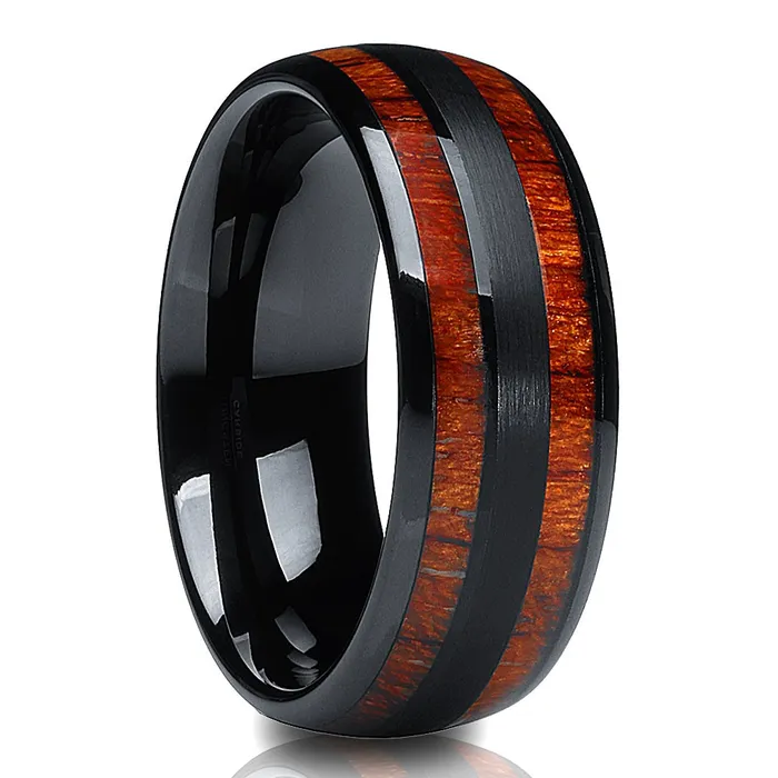 Black Wedding Ring Koa Wood Tungsten Ring 8mm Koa Wood Ring Men Women Clean Casting Jewelry Rings