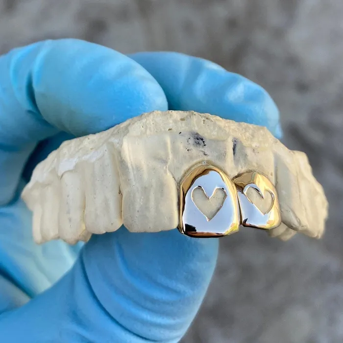 10K Gold Custom Double Heart Cutout Grillz Open Face Two Hearts Caps Bling Cartel Rings
