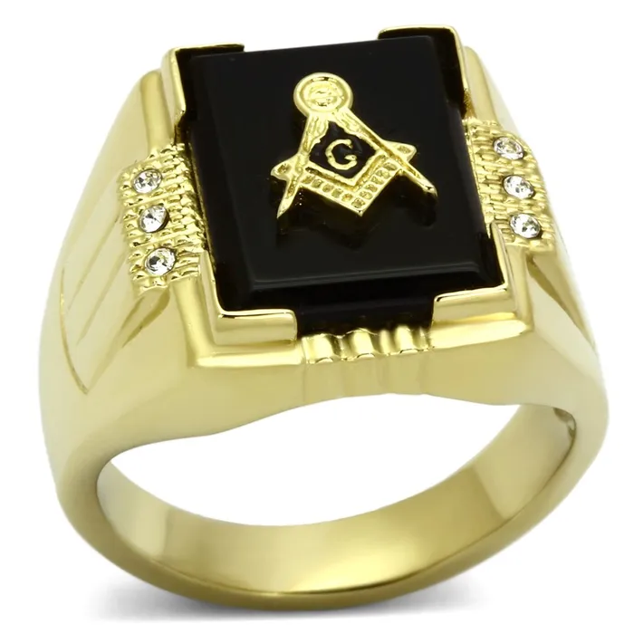 Alamode Rings TK795 IP GoldIon Plating Stainless Steel Ring with SemiPrecious Agate in Jet