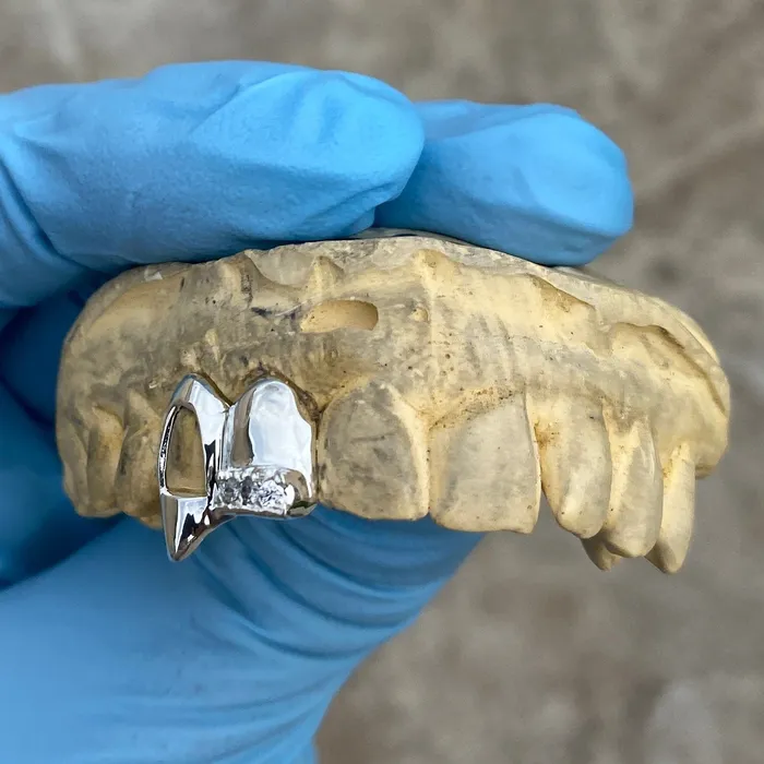 Bling Cartel 925 Silver Two Side Teeth Open Face Vampire Fangs CZ Double Caps Rings