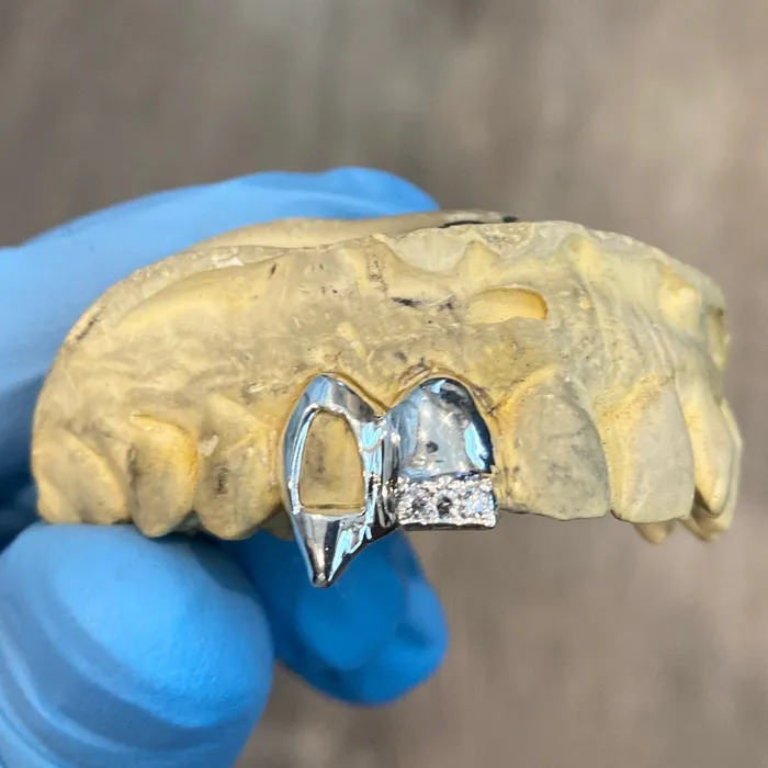 Bling Cartel 925 Silver Two Side Teeth Open Face Vampire Fangs CZ Double Caps Rings