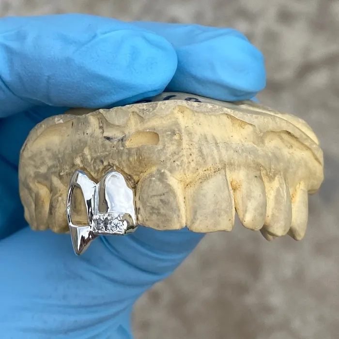 Bling Cartel 925 Silver Two Side Teeth Open Face Vampire Fangs CZ Double Caps Rings