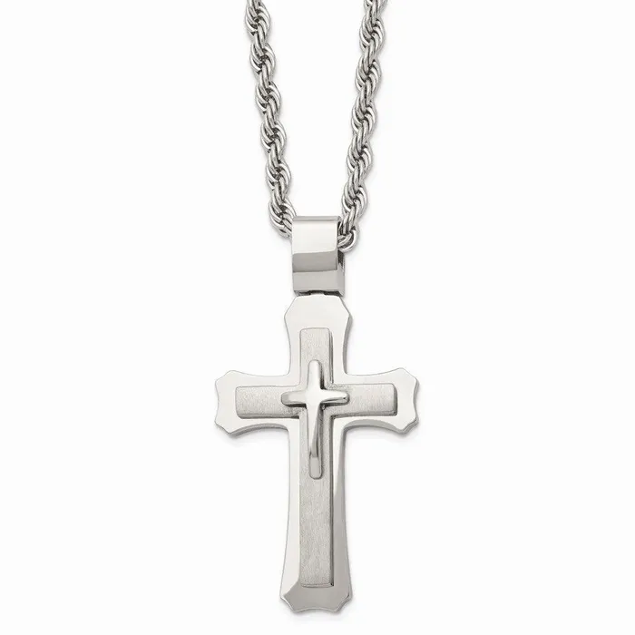 Chisel Stainless Steel Brushed and Polished Triple Layer Cross Necklace Necklaces