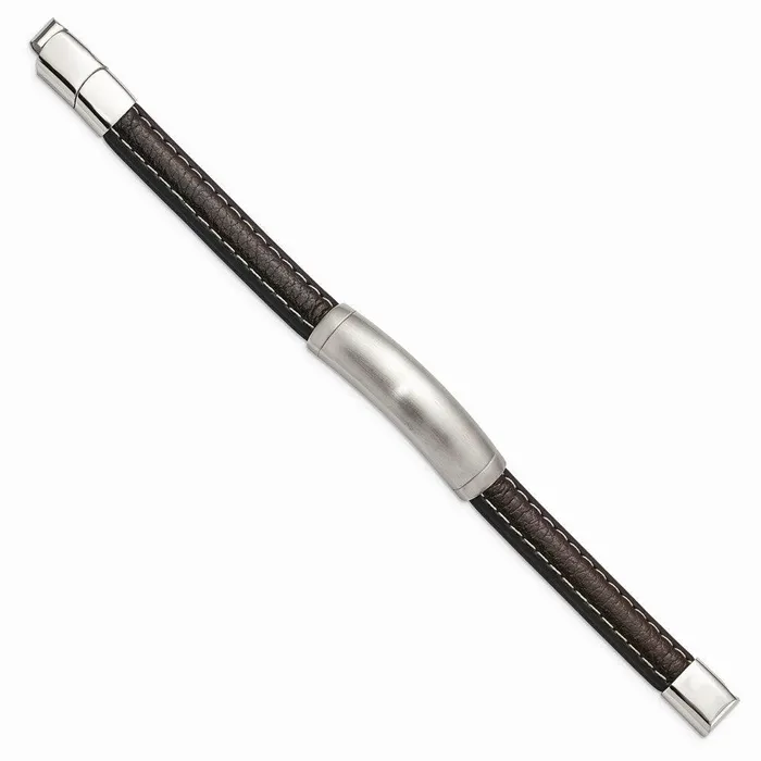 Chisel Stainless Steel Brushed Dark Brown Leather w5in ext 8in ID Bracelet Bracelets
