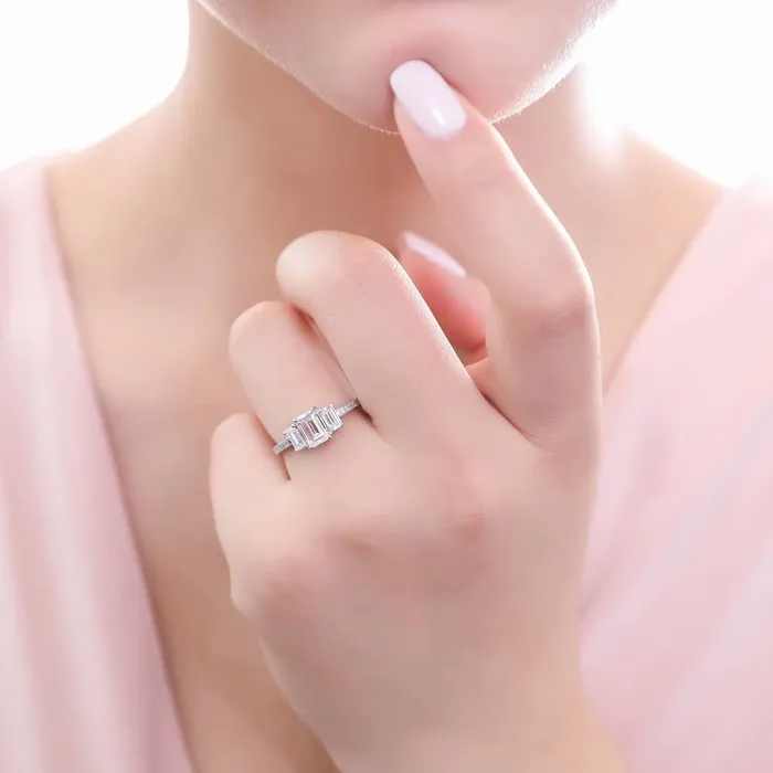 BERRICLE Rings 3Stone 1ct Emerald Cut CZ Ring in Sterling Silver