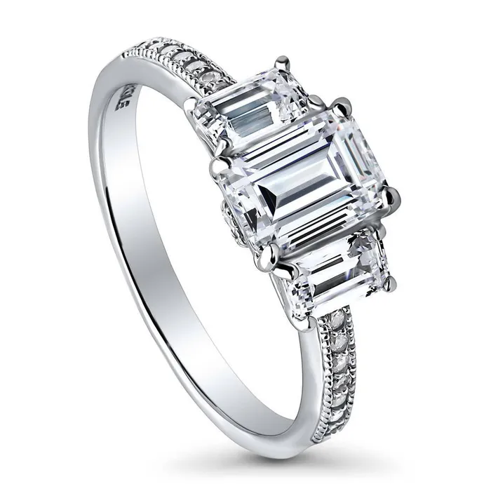 BERRICLE Rings 3Stone 1ct Emerald Cut CZ Ring in Sterling Silver