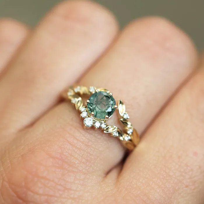 Rings Capucinne Leaf Moss Agate Ring Set With Leaf Diamond Band