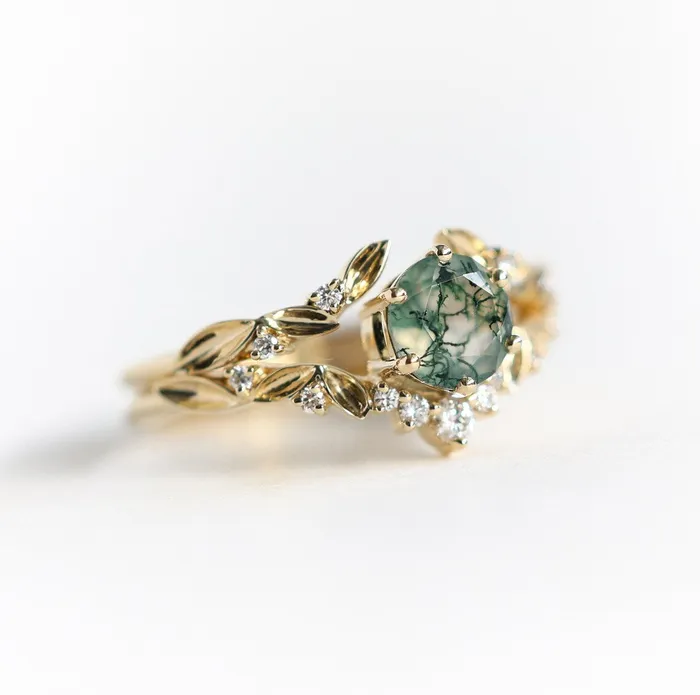 Rings Capucinne Leaf Moss Agate Ring Set With Leaf Diamond Band