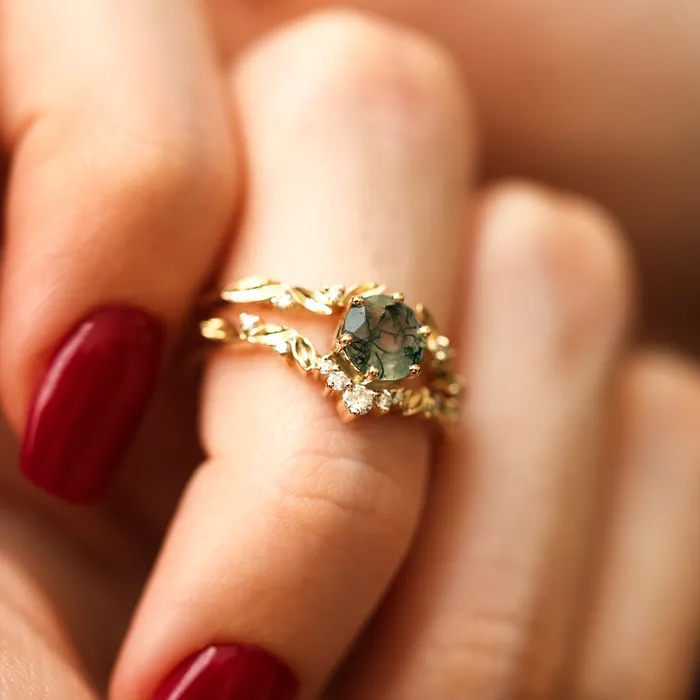 Rings Capucinne Leaf Moss Agate Ring Set With Leaf Diamond Band