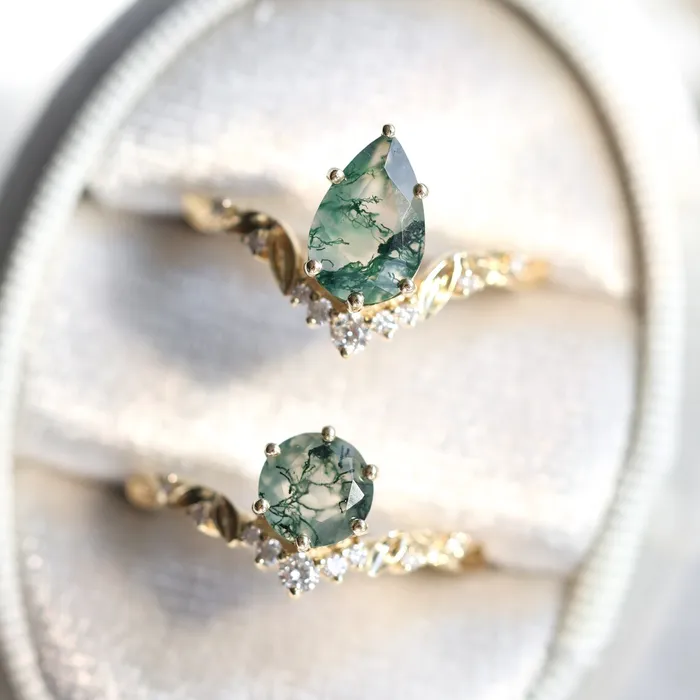 Rings Capucinne Leaf Moss Agate Ring Set With Leaf Diamond Band