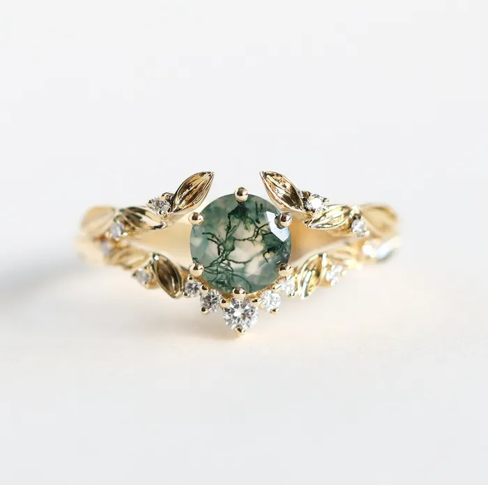 Rings Capucinne Leaf Moss Agate Ring Set With Leaf Diamond Band