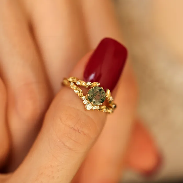 Rings Capucinne Leaf Moss Agate Ring Set With Leaf Diamond Band