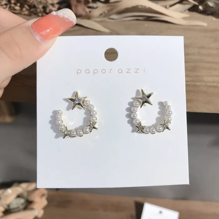 Earrings Refined by AnnaKaci Open Circle Pearl Earrings with Stars Earrings Refined by AnnaKaci Open Circle Pearl Earrings with Stars