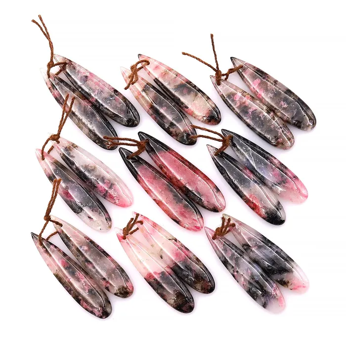 Intrinsic Trading Earrings Natural Red Pink Rhodonite In Quartz Black Matrix Earring Pair Teardrop Cabochon Drilled Matched Gemstone Beads