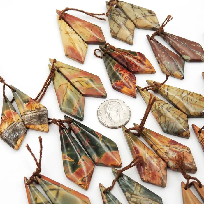 Intrinsic Trading Natural Red Creek Jasper Earring Pair Cabochon Drilled Modern Inverted Kite Shape Matched Gemstone Aka Multicolor Picasso Jasper Earrings