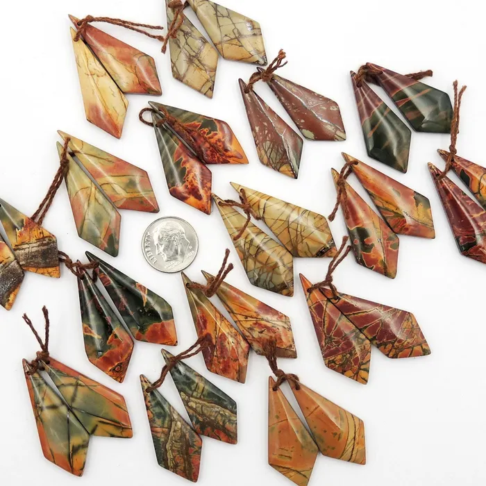 Intrinsic Trading Natural Red Creek Jasper Earring Pair Cabochon Drilled Modern Inverted Kite Shape Matched Gemstone Aka Multicolor Picasso Jasper Earrings