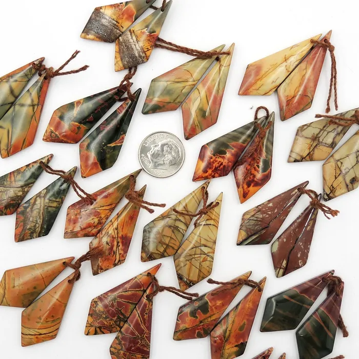 Intrinsic Trading Natural Red Creek Jasper Earring Pair Cabochon Drilled Modern Inverted Kite Shape Matched Gemstone Aka Multicolor Picasso Jasper Earrings