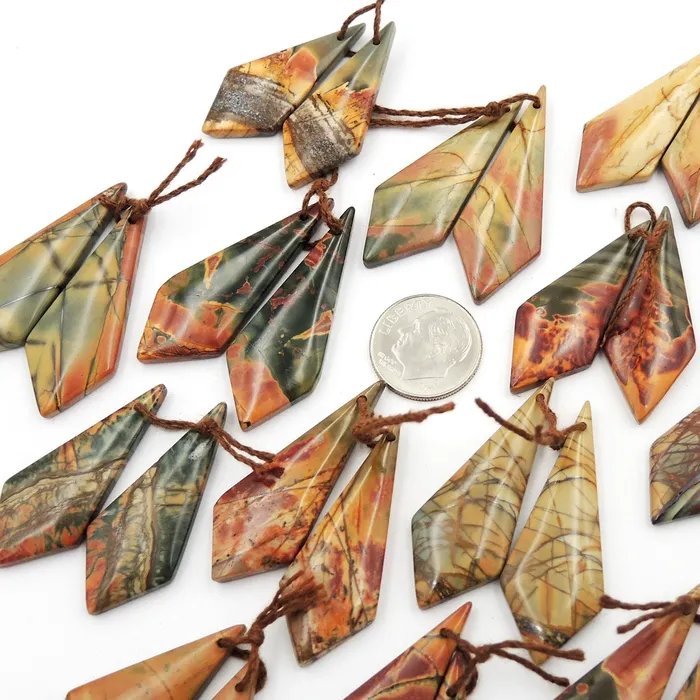 Intrinsic Trading Natural Red Creek Jasper Earring Pair Cabochon Drilled Modern Inverted Kite Shape Matched Gemstone Aka Multicolor Picasso Jasper Earrings