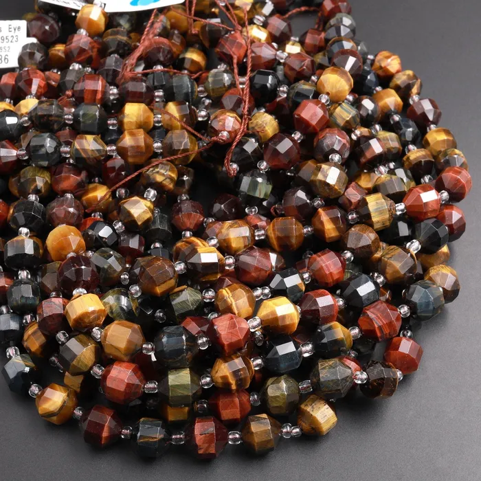 Natural Blue Red Gold Brown Tigers Eye 8mm 10mm Beads Faceted Energy Prism Double Point Cut 155 Strand Intrinsic Trading Earrings