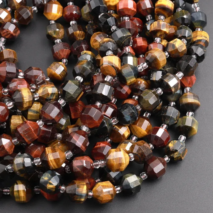 Natural Blue Red Gold Brown Tigers Eye 8mm 10mm Beads Faceted Energy Prism Double Point Cut 155 Strand Intrinsic Trading Earrings