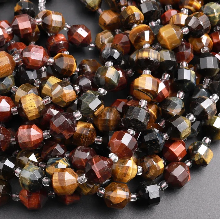 Natural Blue Red Gold Brown Tigers Eye 8mm 10mm Beads Faceted Energy Prism Double Point Cut 155 Strand Intrinsic Trading Earrings