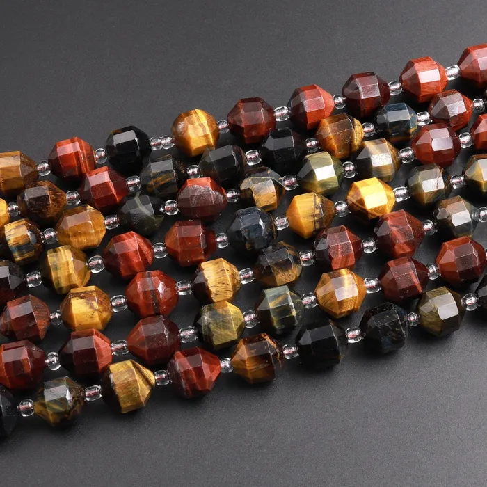 Natural Blue Red Gold Brown Tigers Eye 8mm 10mm Beads Faceted Energy Prism Double Point Cut 155 Strand Intrinsic Trading Earrings
