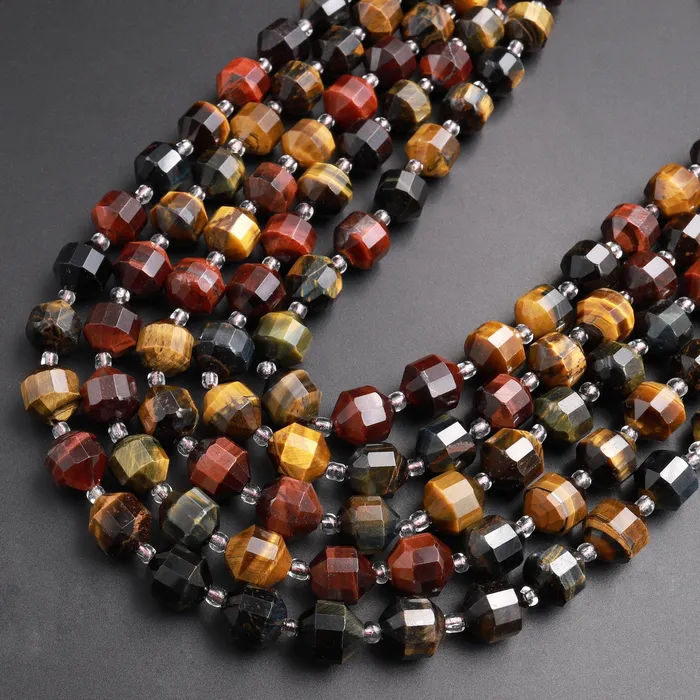 Natural Blue Red Gold Brown Tigers Eye 8mm 10mm Beads Faceted Energy Prism Double Point Cut 155 Strand Intrinsic Trading Earrings