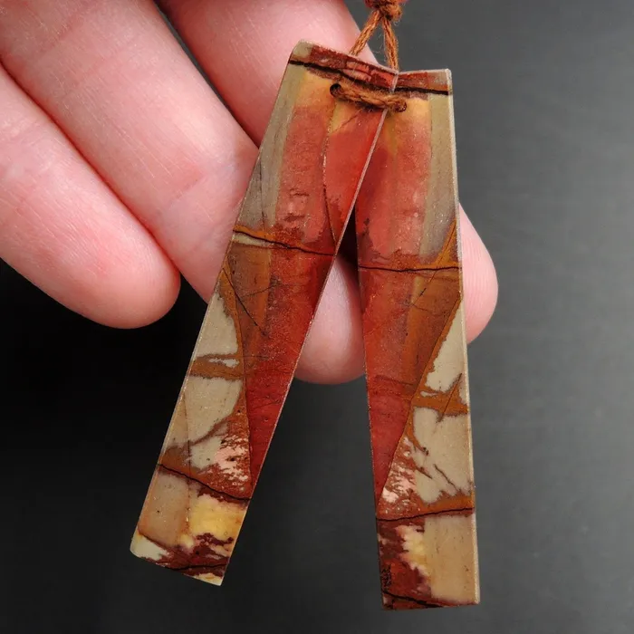 Natural Red Creek Jasper Earring Pair Supple Long Flat Rectangle Cabochon Cab Pair Drilled Matched Earrings Bead Pair E3235 Intrinsic Trading Earrings