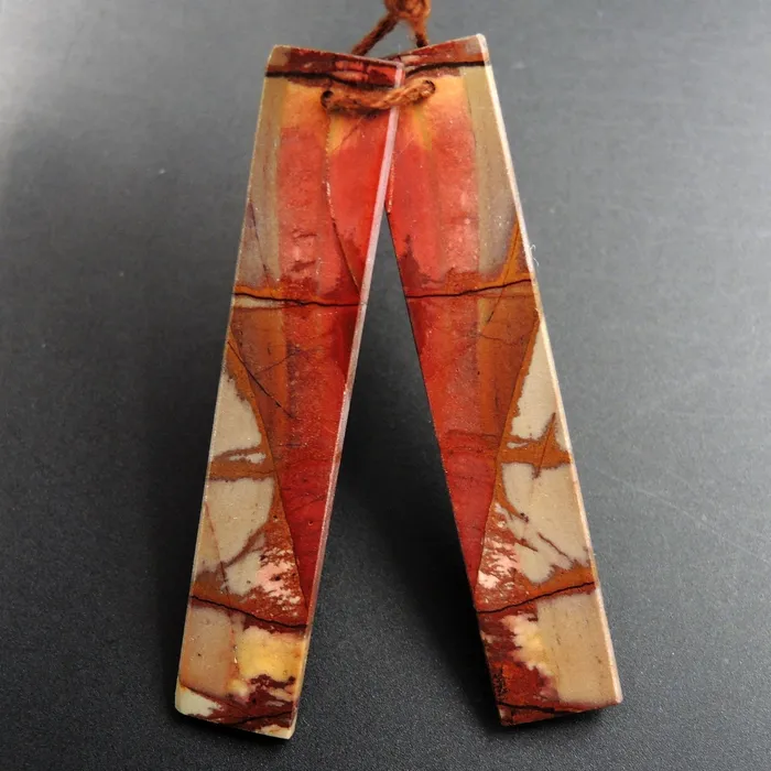 Natural Red Creek Jasper Earring Pair Supple Long Flat Rectangle Cabochon Cab Pair Drilled Matched Earrings Bead Pair E3235 Intrinsic Trading Earrings