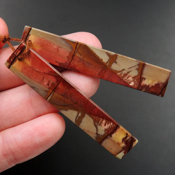 Natural Red Creek Jasper Earring Pair Supple Long Flat Rectangle Cabochon Cab Pair Drilled Matched Earrings Bead Pair E3235 Intrinsic Trading Earrings