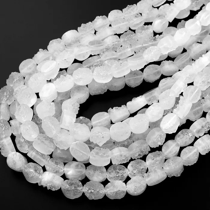 Pristine Icy White Natural Rock Quartz Druzy Beads Drusy Beads 8mm 10mm Oval Drilled Crystal Beads Perfect for Earrings 155 Strand Intrinsic Trading Earrings