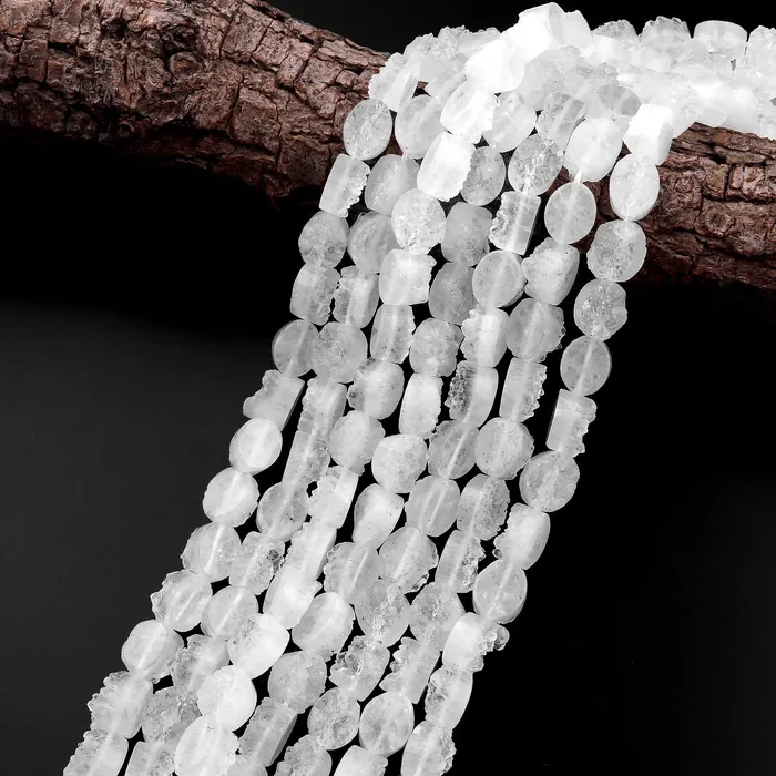 Pristine Icy White Natural Rock Quartz Druzy Beads Drusy Beads 8mm 10mm Oval Drilled Crystal Beads Perfect for Earrings 155 Strand Intrinsic Trading Earrings